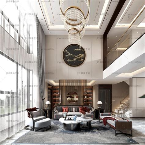 新中式跃层别墅客厅3d模型下载-【集简空间】「每日更新」
