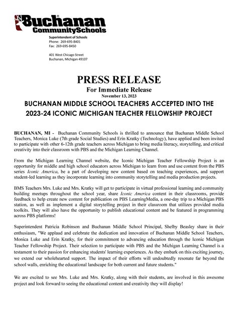 Press Release - BMS Teachers Accepted into the 2023-24 Iconic Michigan ...