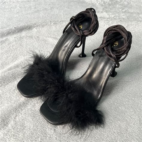 Shein Black Fur Lace-up Heels on Carousell