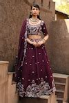 Buy Wine Organza, Taffeta, Cotton Embroidery Floral Lehenga Set For ...