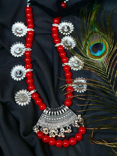 Exquisite Oxidized German Silver Red Pearls Necklace