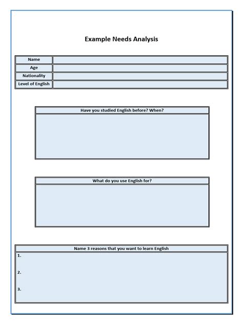 Image result for Needs Analysis Example