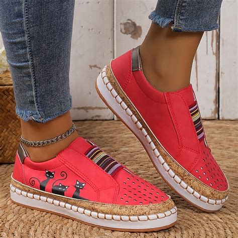 Women's Green Cat Print Slip-On Casual Sneakers – Breathable Loafers ...