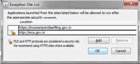 Incometaxindia MCA efiling site DSC Java Security Setting Error