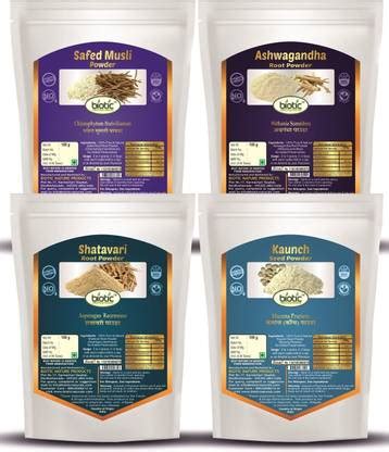 biotic Safed Musli, Ashwagandha, Shatavari, Kaunch Seed Powder - Combo ...
