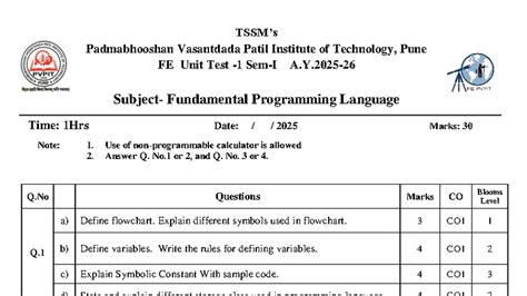 FPL Unit Test I (FE) - Vasantdada Patil Institute of Tech, Pune - Studocu