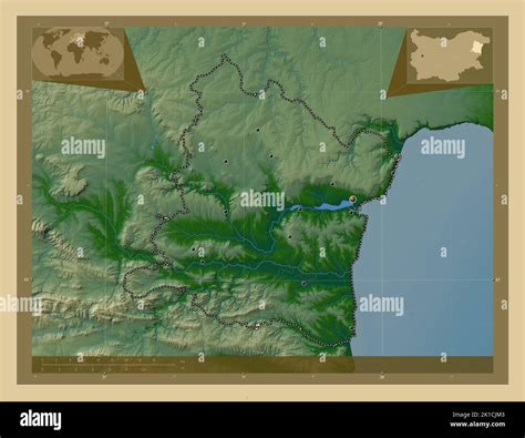 Varna, province of Bulgaria. Colored elevation map with lakes and rivers. Locations of major ...
