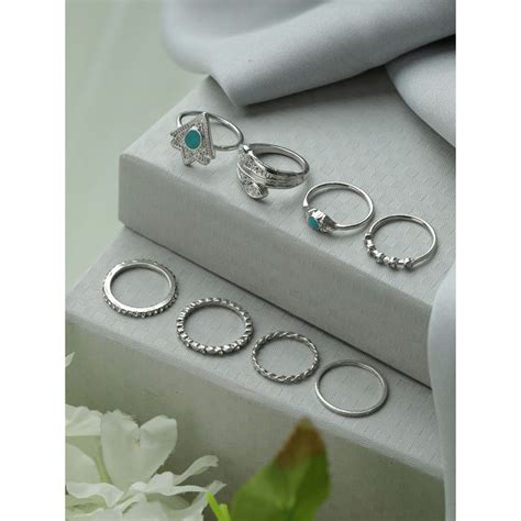 Buy Priyaasi Stylish Boho Silver Plated Ring (Pack of 8) Online