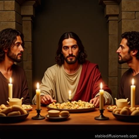 jesus breaking a single bread with his 12 apostles ambient is dark with ...