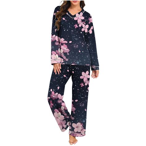 Cavosen Womens Petite Pajamas Set Long Sleeve Cute V Neck Shirt Wide ...