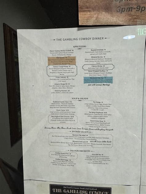 Menu at The Gambling Cowboy steakhouse, Temecula