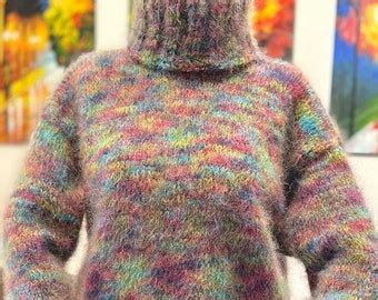 Buy Hand Knit Mohair Sweater Cable Grey Color Fuzzy Turtleneck Jumper ...