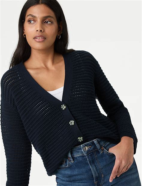 Buy Cotton Rich Textured V-Neck Cardigan at Marks & Spencer