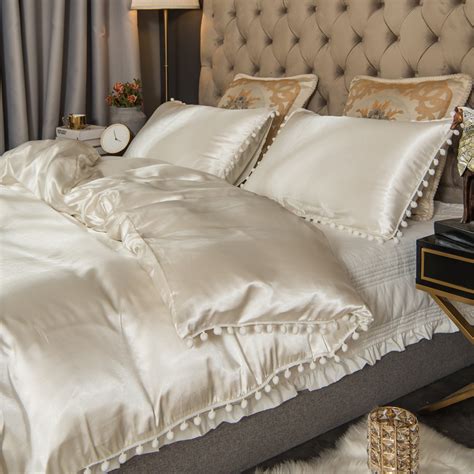 Move Over White Satin Bedding Sets Queen Silky Pom Poms Duvet Cover Set ...