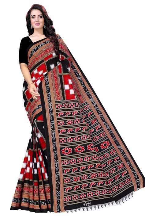 Ethnic Odisha Pure Cotton Sambalpuri Printed Saree For Women (Black Red ...