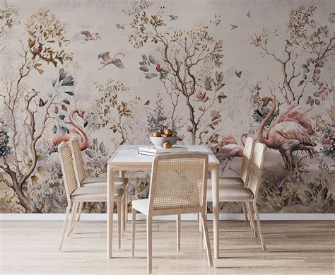 Leaves Tropical Forest And Flamingo Wallpaper – Home Decoram