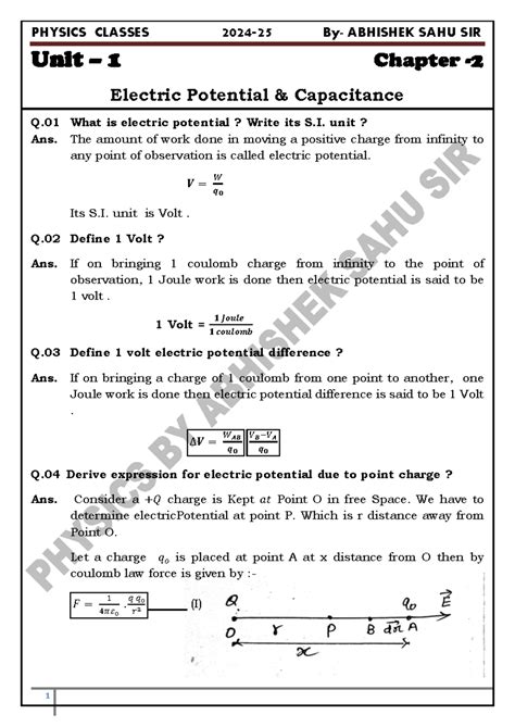 1733816994 - Cheat sheet - Unit – 1 Chapter - 2 Electric Potential ...