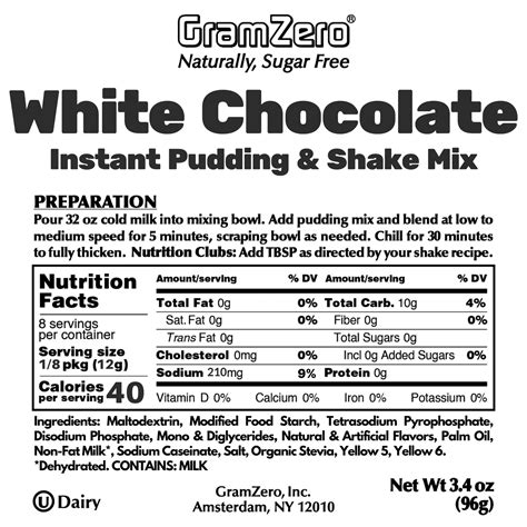 WHITE CHOCOLATE Sugar Free Pudding Mix Stevia Sweetened Nutrition Club ...