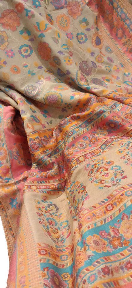Pastel Embroidered Kashmiri Kani Work Pure Silk Saree - Luxurionworld