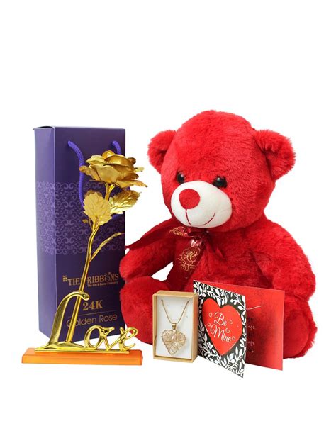Buy | Valentine Red and Gold Toned Teddy Bear | Tied Ribbons