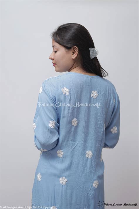 LIGHT BLUE MARIA MODAL STRAIGHT CHIKANKARI KURTI – Fatimachikanhandicraft