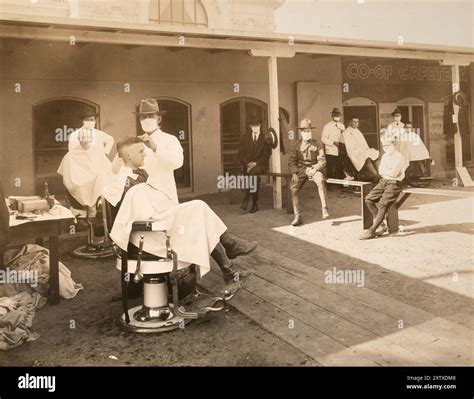Open air barber shop during influenza epidemic, known as epidemic of ...