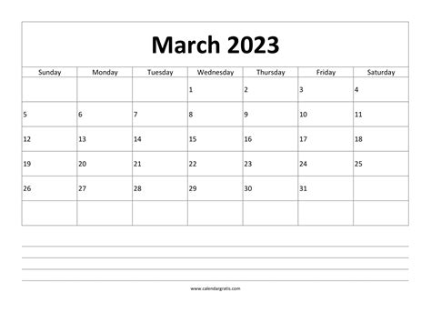 March 2023 Calendar with Notes Section | Free Printable Monthly Planner