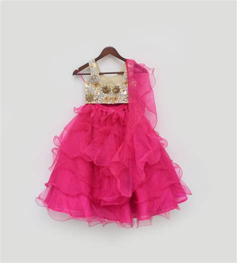 Pre Order: 3D Flowers Choli and Pink Organza Layers Lehenga– Peonyy Kids