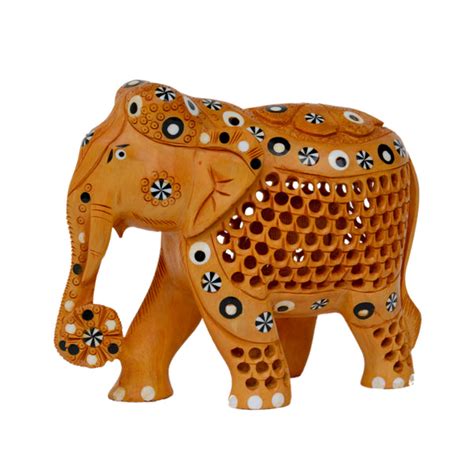 Wooden Undercut Elephant With Inlay Design (Trunk Down) – Dharohar Global