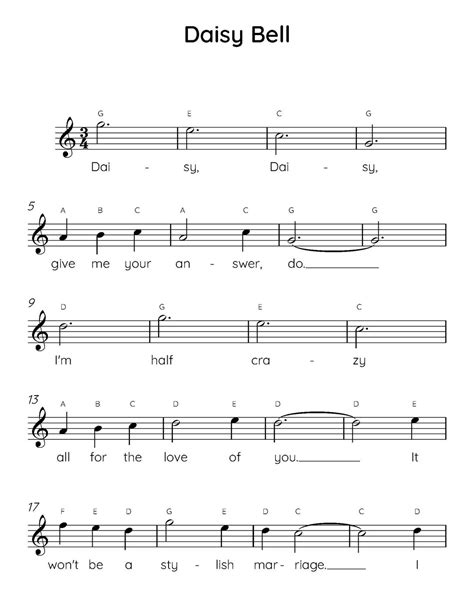 Daisy Bell Easy Piano Sheet Music (digital Download), Kids Beginner ...