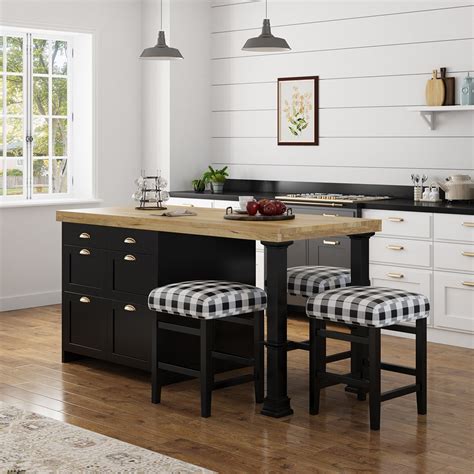 Prebbleton Solid Wood Black Kitchen Island with Seating, Storage & Stools
