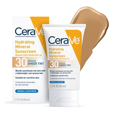 CeraVe Hydrating Mineral Sunscreen, Sheer Tint Face Sunscreen with SPF 30, All Skin Types 1.7 fl ...