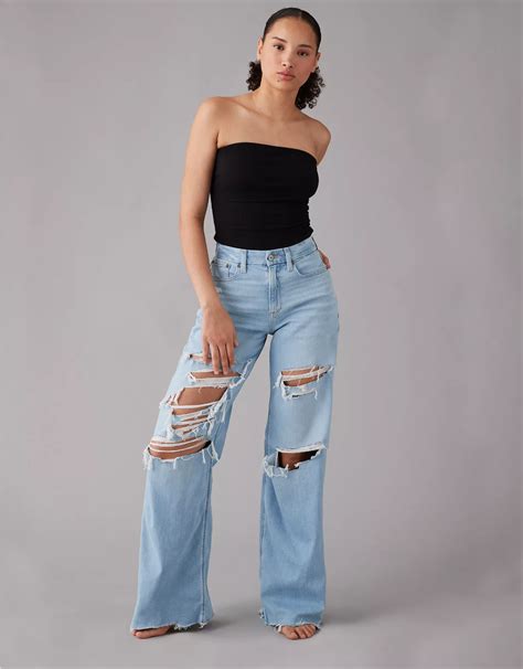 AE Dreamy Drape Stretch Curvy Super High-Waisted Ripped Baggy Wide-Leg Jean
