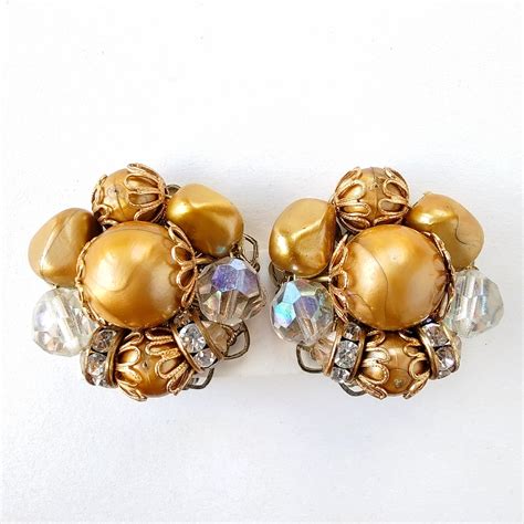 gold clear glass beads rhinestone cluster vintage earrings ヴィンテージイヤリング ...