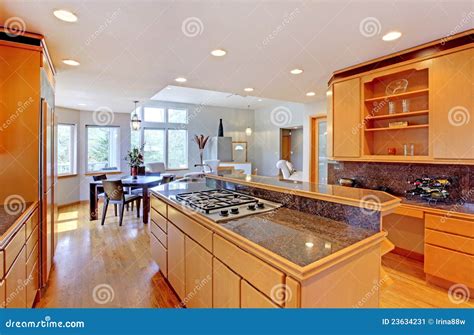 Large Luxury Modern Wood Kitchen . Stock Image - Image of elegant ...