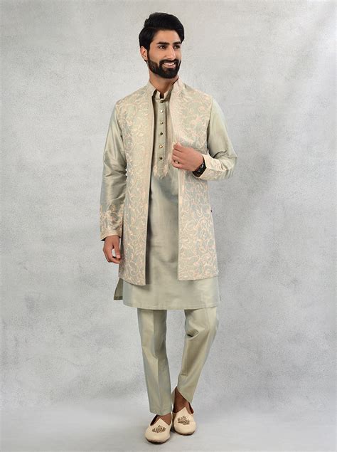 TULA Men's Pista Green Embroidered Indowestern | Silk Blend Embroidered ...
