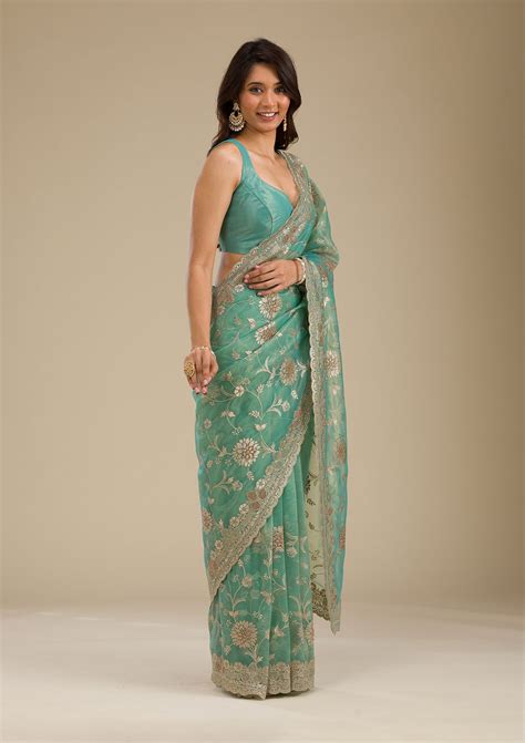 Buy Sea Green Zariwork Tissue Saree - Koskii