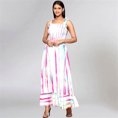Multicoloured Tie-Dye Smocking Long Dress – First Resort by Ramola Bachchan