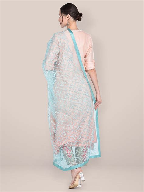 Women's Light Blue Embellished Net Dupatta Dupatta Bazaar