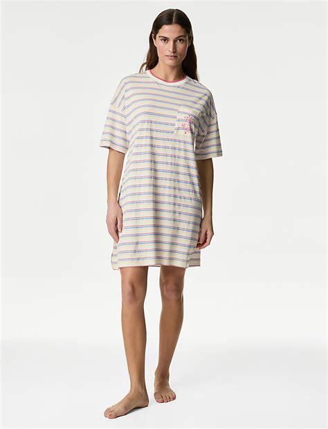 Buy Cotton Modal Slogan Striped Nightdress at Marks & Spencer