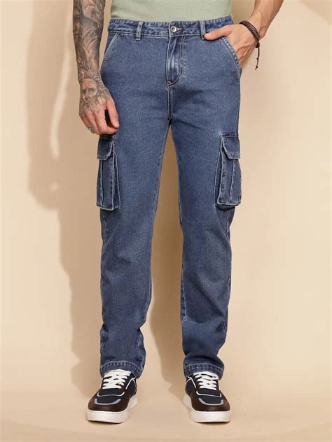 Blue Cotton Blend Regular Fit Cargo Pant For Men