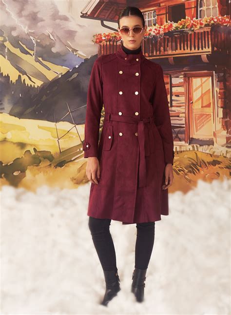 Bella Maroon Monochrome Suede Long Coat for Women – Lakshita