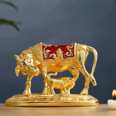 Kamdhenu Cow and Calf Sculpture - 24K Gold Plated with Red Accents (3 ...