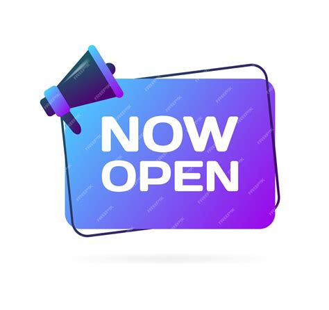 Premium Vector | Now open sign flat purple sign with megaphone now open ...