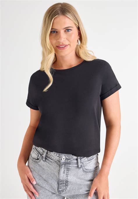 Womens Black Cotton Roll Sleeve T-Shirt | Peacocks
