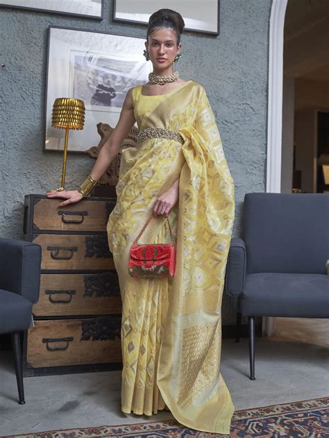 Shop Yellow Zari Weaving Linen Function Wear Saree From Ethnic Plus