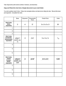 Exponents Dice Teaching Resources | TPT