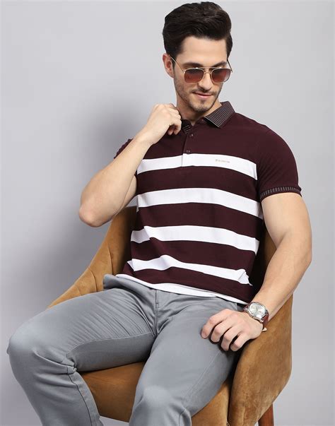 Buy Men Maroon Stripe Polo Collar Half Sleeve T-Shirt Online in India ...
