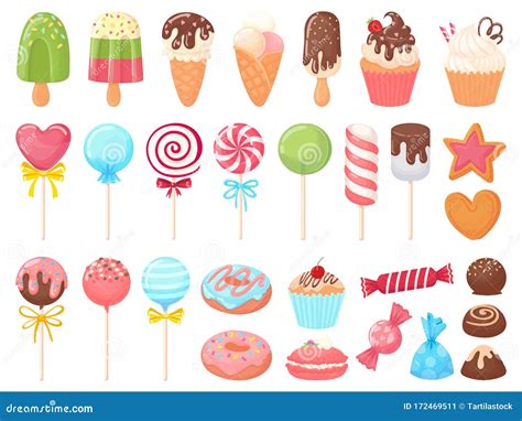 Cartoon Sweets. Sweet Ice Cream, Cupcakes and Chocolate Candies Stock Vector - Illustration of ...