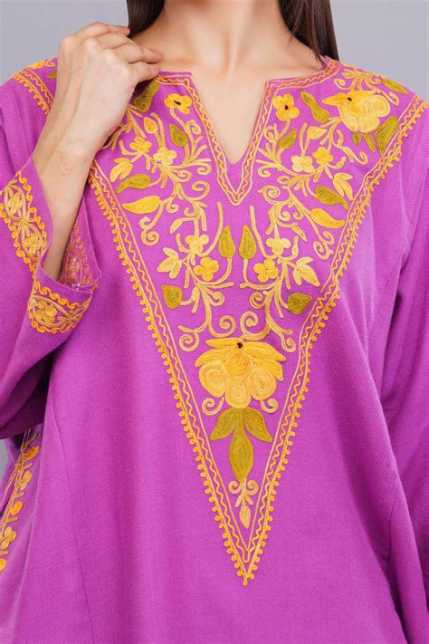 Buy Pink Kashmiri Pheran with Yellow Floral Aari Embroidery ...